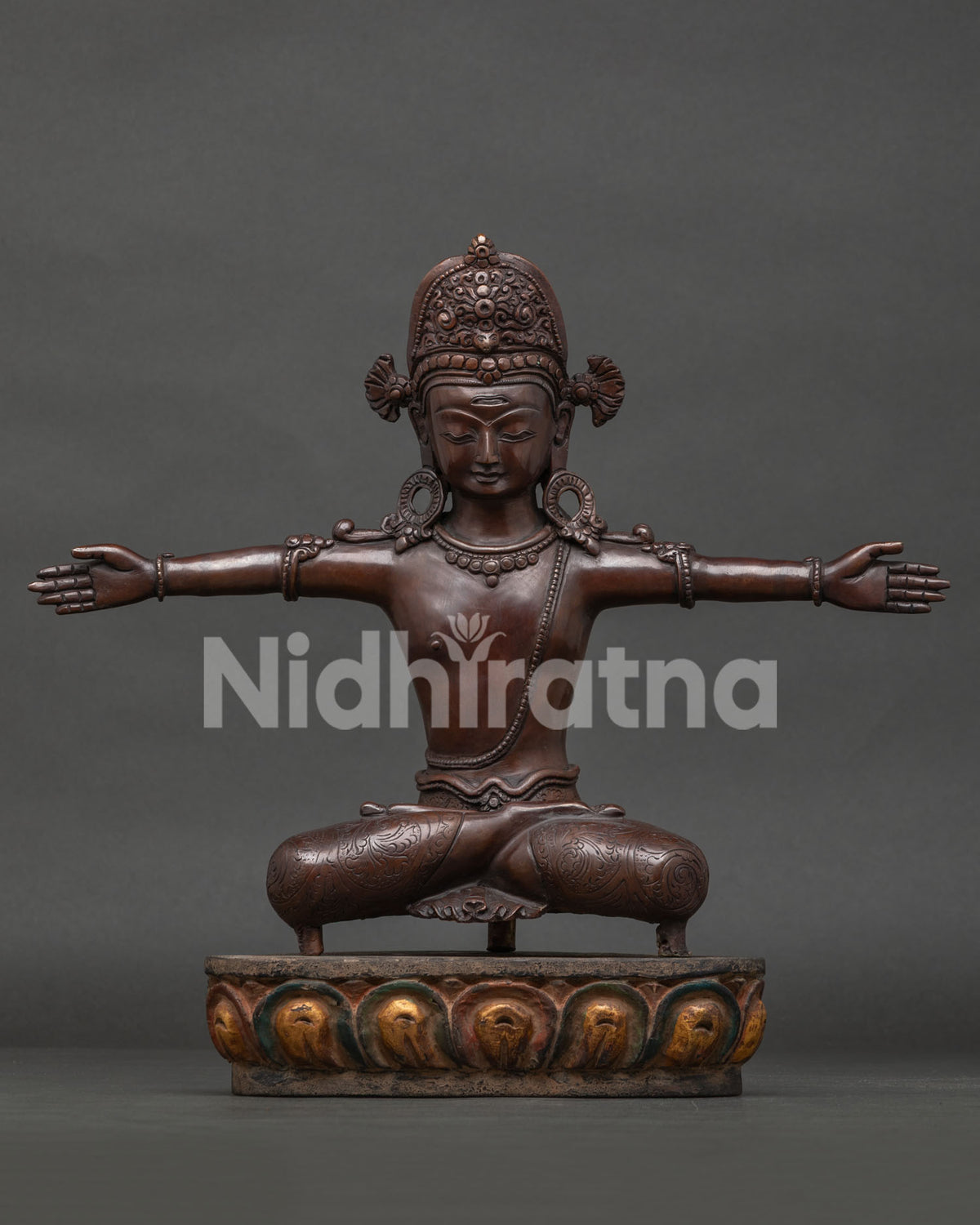 Front view of Oxidized Copper Bound Lord Indra Statue with outstretched hands, traditional Indra Jatra art.