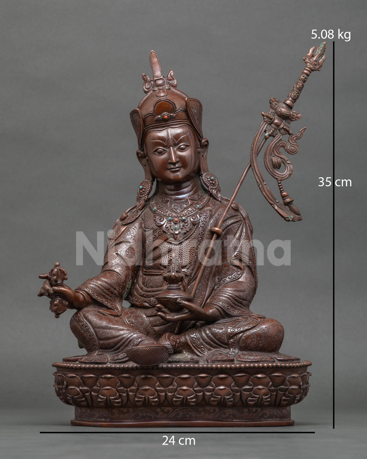 Front view of oxidized copper Guru Rinpoche statue, handcrafted Padmasambhava sculpture from Nepal