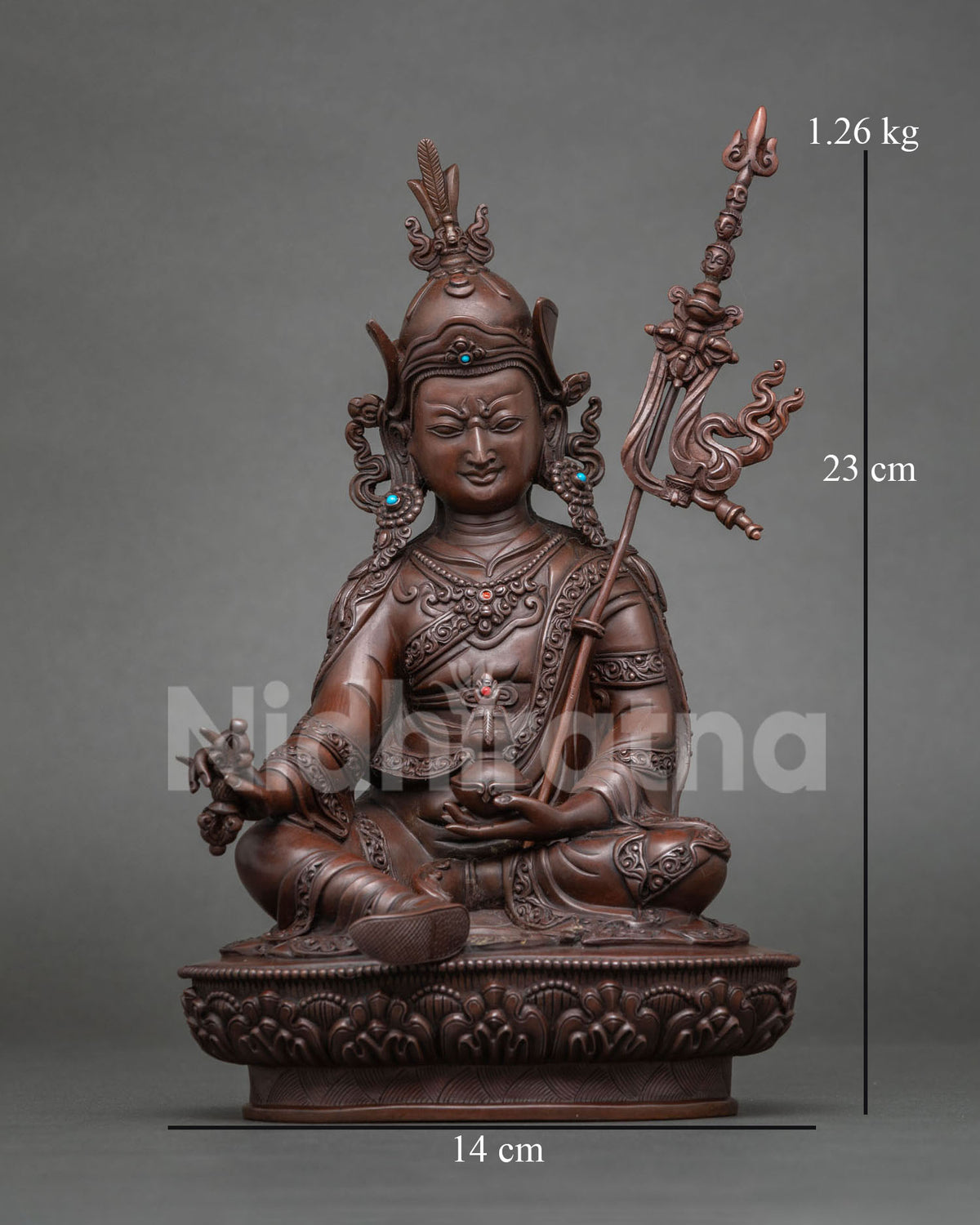 Front view of oxidized copper Guru Rinpoche statue seated on a lotus pedestal