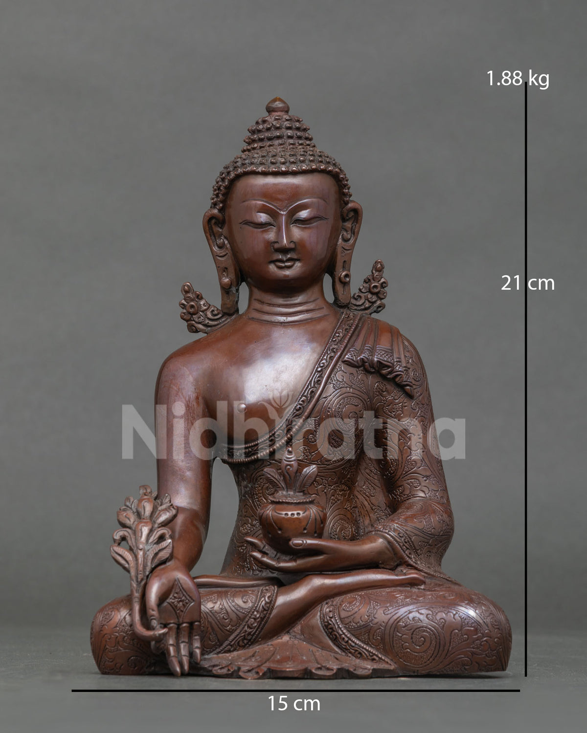 Front view of oxidized copper Medicine Buddha statue holding myrobalan plant and bowl