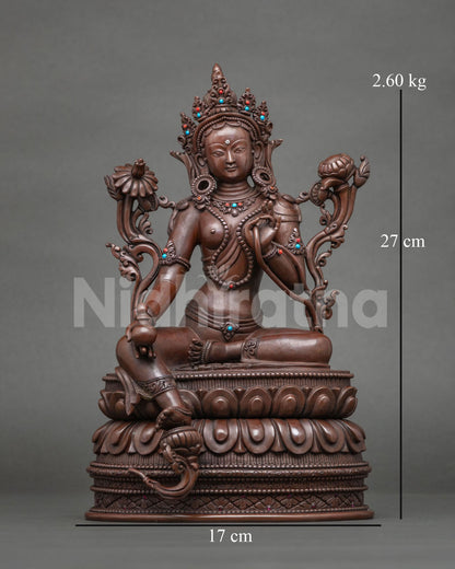 Front view of oxidized copper Tibetan Green Tara statue on double lotus base