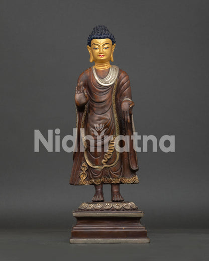 Front View of Oxidized Standing Dipankara Buddha Statue with Gold-Gilded and Silver-Plated Details