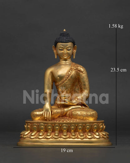 Front view of Premium Shakyamuni Buddha Statue, gold fire-gilded copper sculpture handmade in Nepal