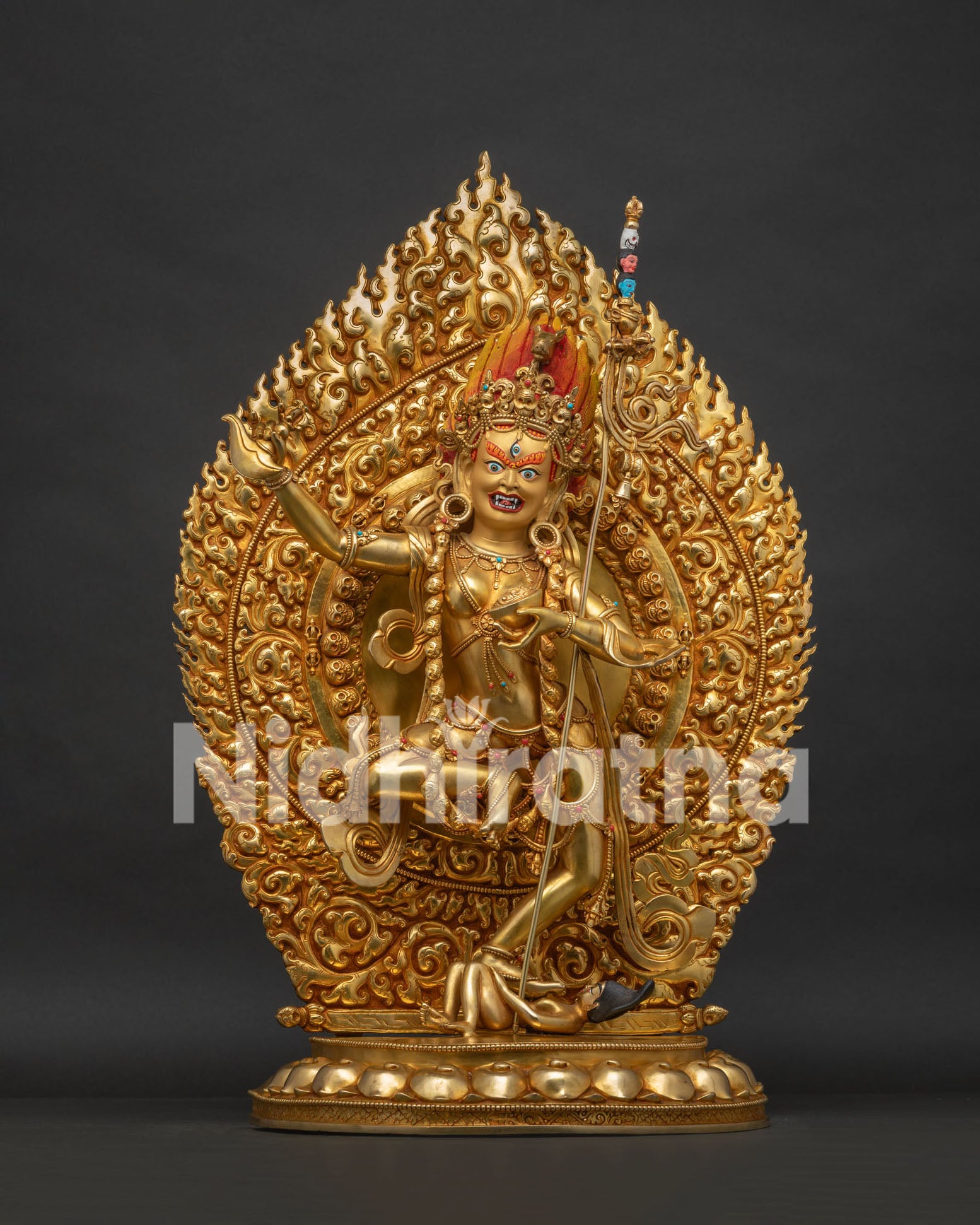 Front view of Rare Dorje Phagmo Vajravarahi Statue, 24K gold-gilded copper, handcrafted in Nepal