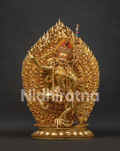 Front view of Rare Dorje Phagmo Vajravarahi Statue, 24K gold-gilded copper, handcrafted in Nepal