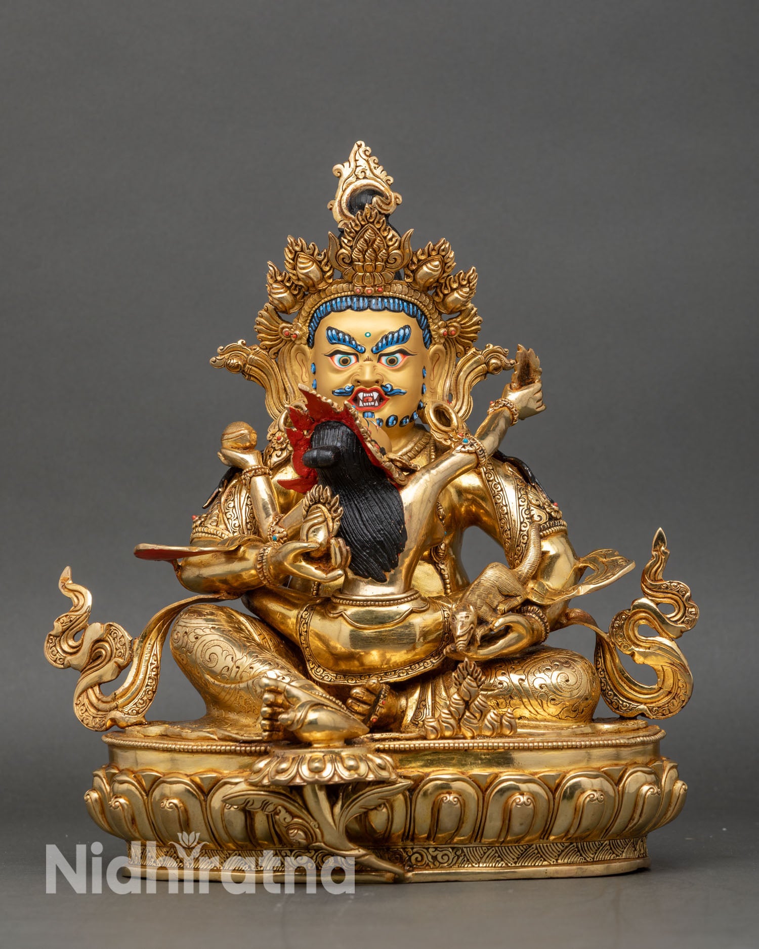 Front view of Red Dzambhala Yab Yum statue copper gold gilded wealth deity from Nepal