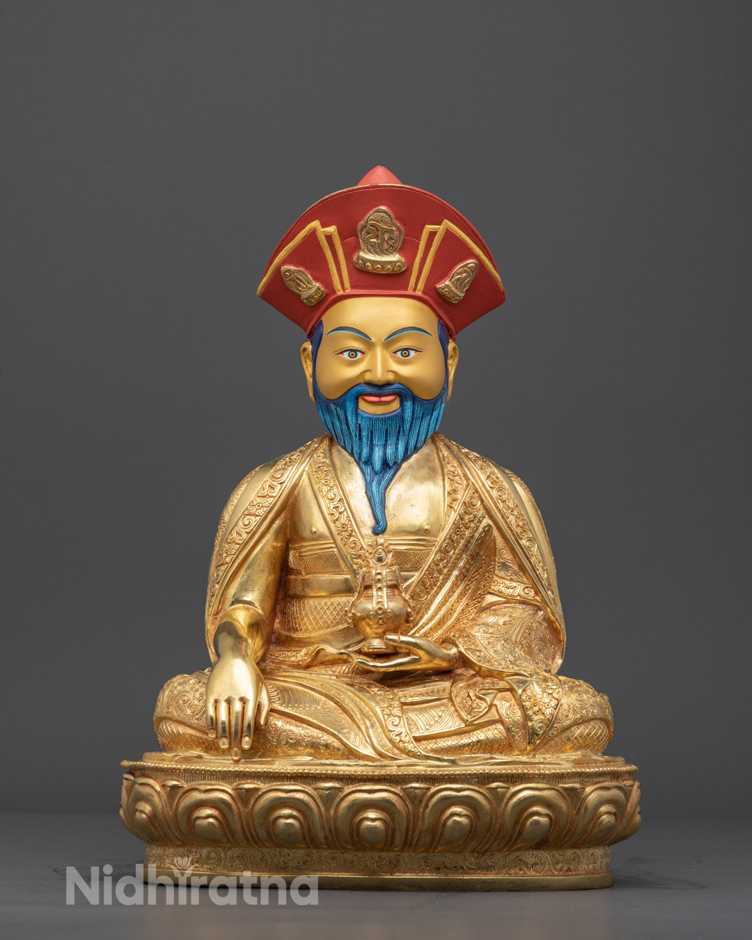 Front view of Shabdrung Ngawang Namgyal statue, handcrafted copper with fire-gilded gold and acrylic details