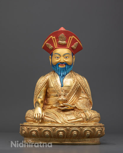 Front view of Shabdrung Ngawang Namgyal statue, handcrafted copper with fire-gilded gold and acrylic details