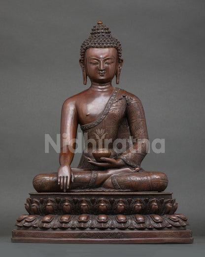 front view of shakyamuni buddha oxidized copper statue with earth touching mudra