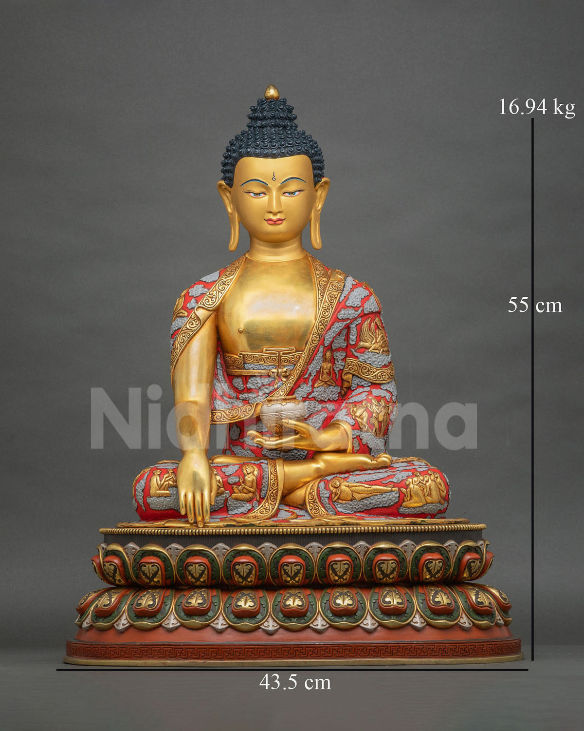 Front view of Shakyamuni Buddha statue, 55 cm tall, 16.94 kg, gold-gilded copper handcrafted in Nepal