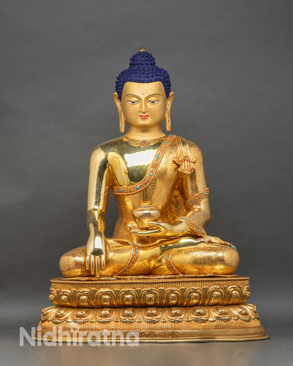 Front view of Shakyamuni Buddha statue, copper and 24K gold fire-gilded with lotus seat