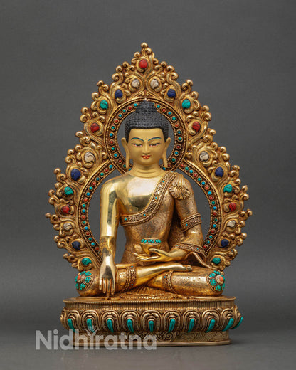 Front view of Shakyamuni Buddha statue copper 24K gold turquoise coral lotus throne