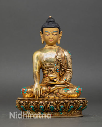 Front view of Shakyamuni Buddha statue copper 24K gold turquoise coral Nepal meditation decor