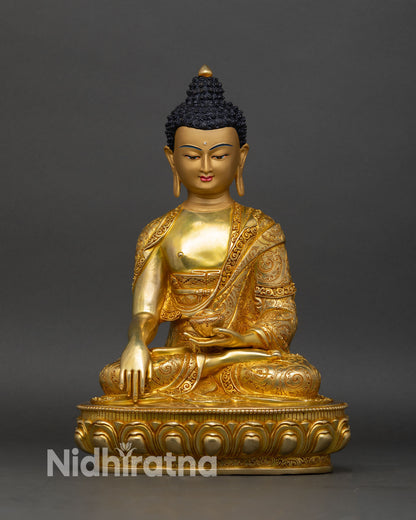 Front view of Shakyamuni Buddha statue, copper and gold fire-gilded on lotus pedestal