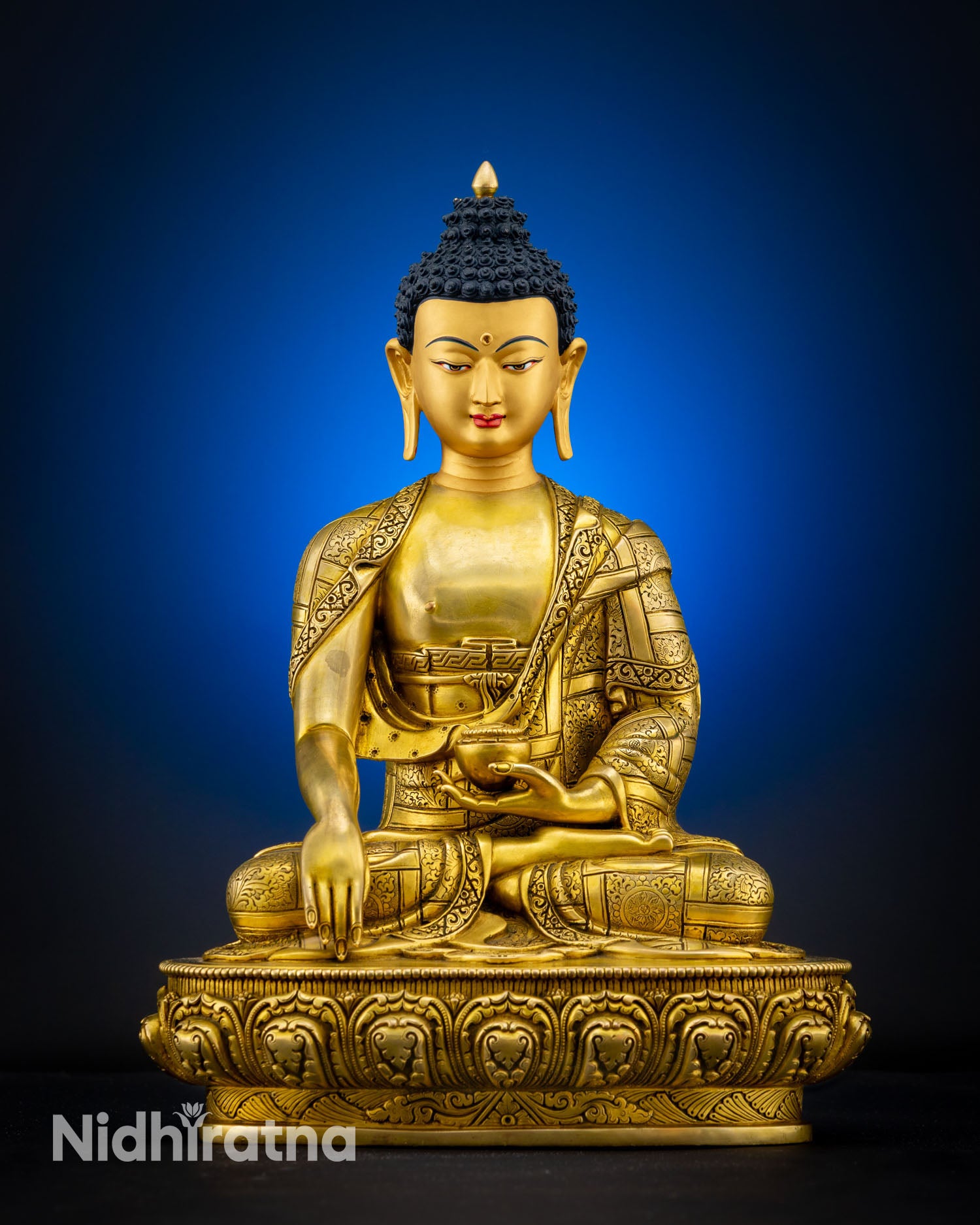 Front view of Shakyamuni Buddha statue handcrafted copper sculpture with gold fire gilding from Nepal