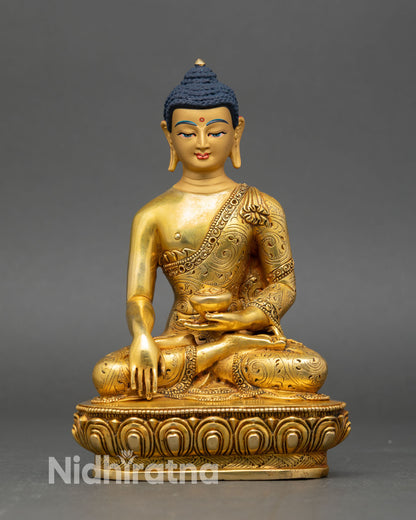front view of shakyamuni buddha statue, handcrafted copper with gold fire-gilding