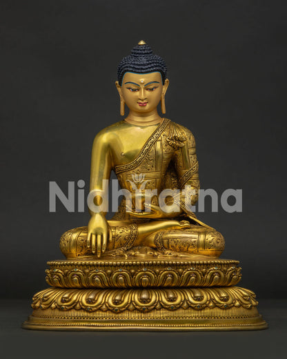 Front view of Shakyamuni Buddha Statue handcrafted in Nepal with gold gilded copper details