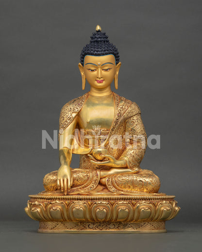 Front view of Shakyamuni Buddha statue, handcrafted in Nepal with serene expression and intricate floral carvings