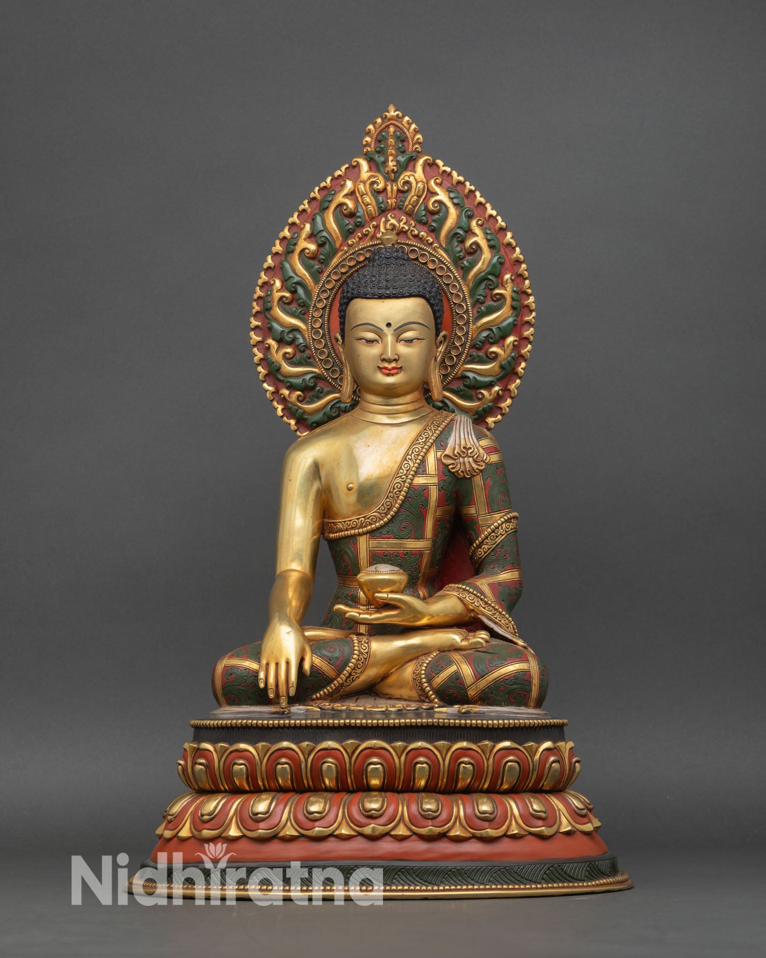front view of shakyamuni buddha statue in bhumisparsha mudra, gold gilded copper nepal