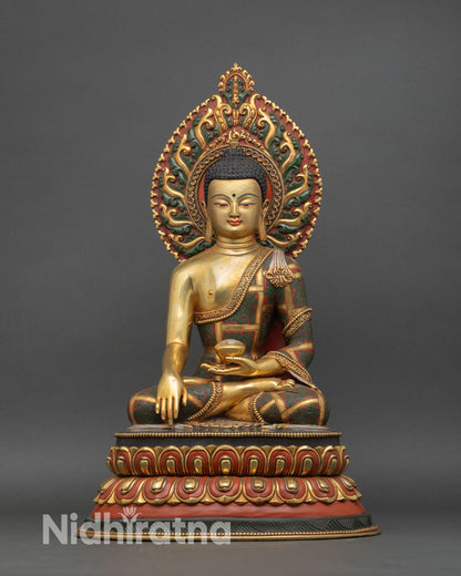 front view of shakyamuni buddha statue in bhumisparsha mudra, gold gilded copper nepal