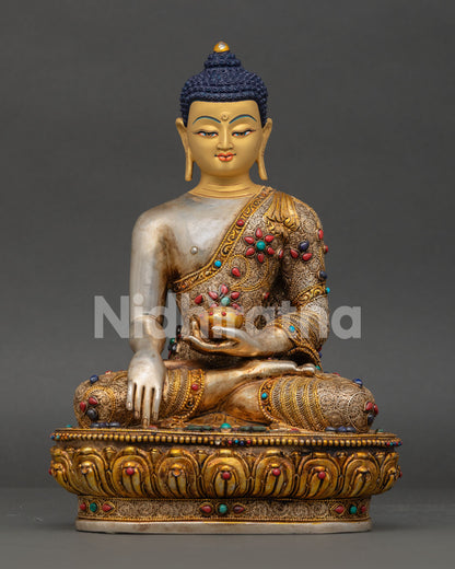 Front View of Shakyamuni Buddha Statue in Copper and Silver Plated Body with Gold Gilded Details from Nepal