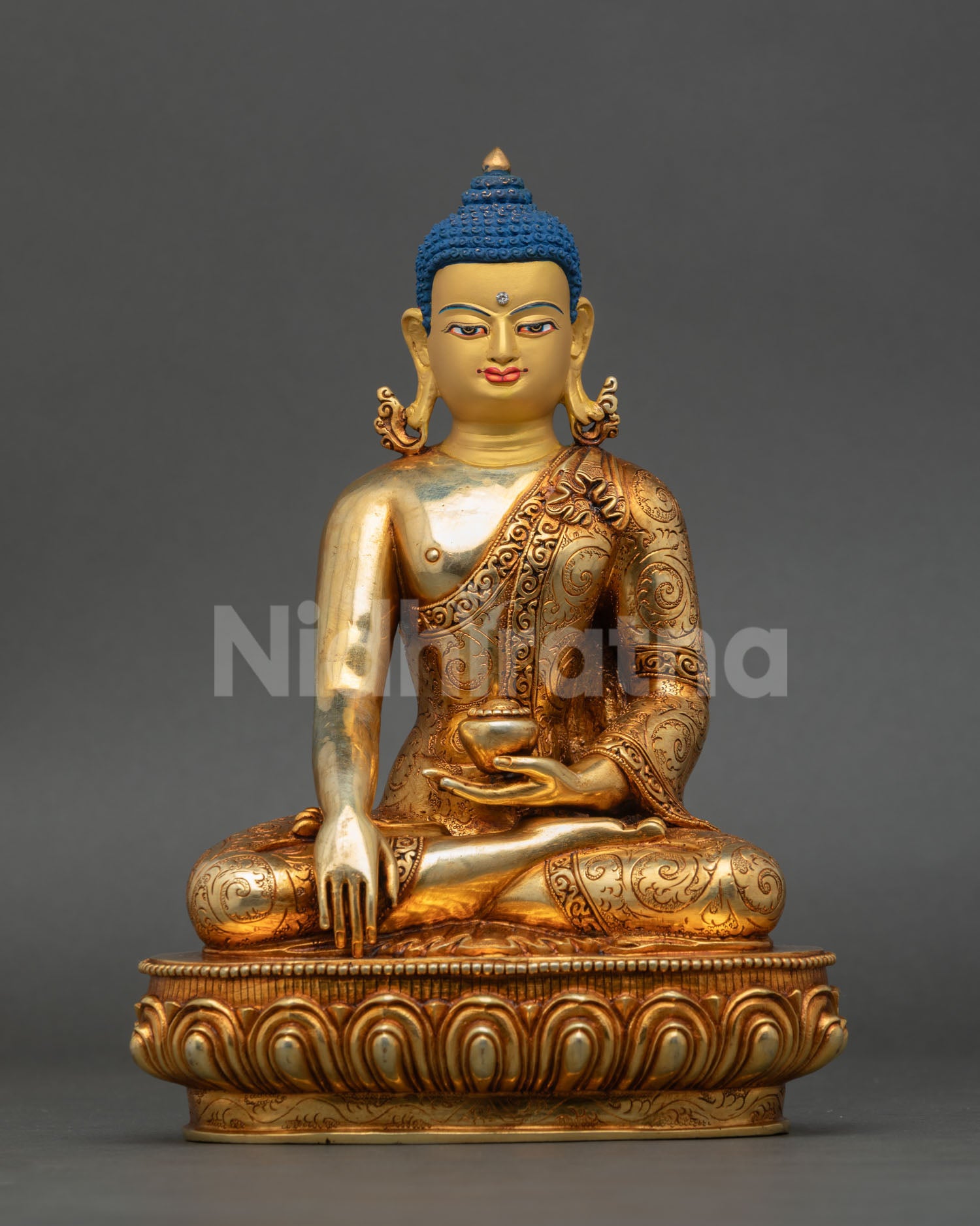front view of shakyamuni buddha statue on lotus throne, 24k gold fire-gilded nepal