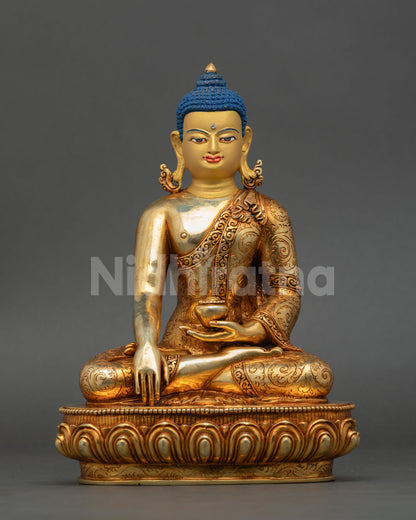 front view of shakyamuni buddha statue on lotus throne, 24k gold fire-gilded nepal