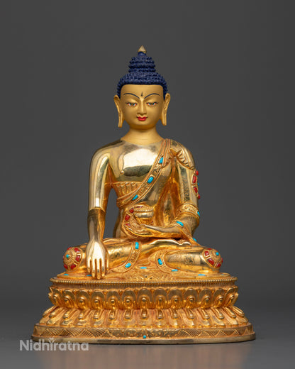Front view of Shakyamuni Buddha Statue with gold fire gilding and semi precious stones