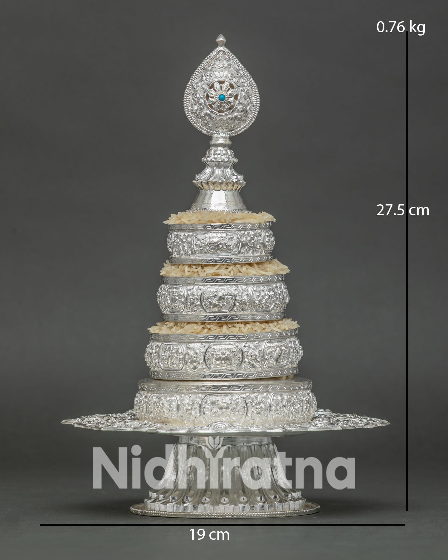 Front View of Silver Tibetan Mandala Offering Set with Scalloped Base Plate and Norbu Finial