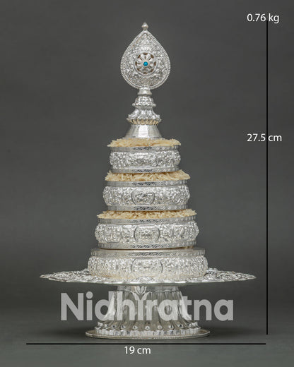 Front View of Silver Tibetan Mandala Offering Set with Scalloped Base Plate and Norbu Finial