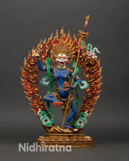 Front view of Simhamukha Statue, copper with gold-gilded hair and ornaments