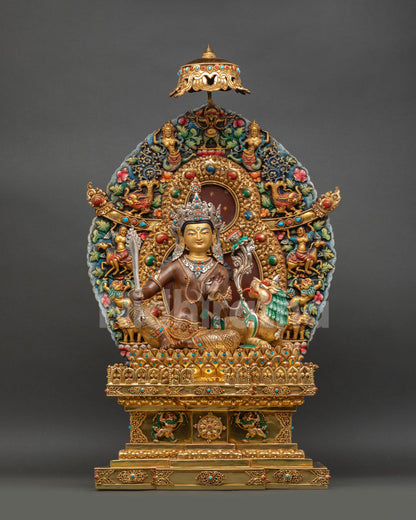 front view of simhanada manjushri statue with oxidized copper torana throne