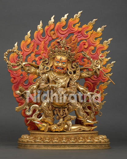 Front view of Six-Armed Mahakala statue handcrafted in Nepal using lost-wax casting with gold fire-gilded copper finish