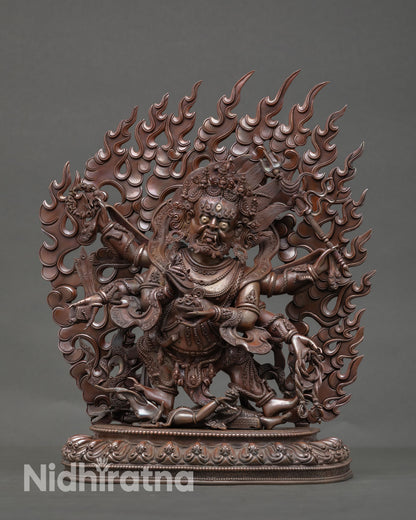 Front view of Six Armed Mahakala statue handmade in Nepal oxidized copper sculpture, Buddhist altar decor and spiritual protection