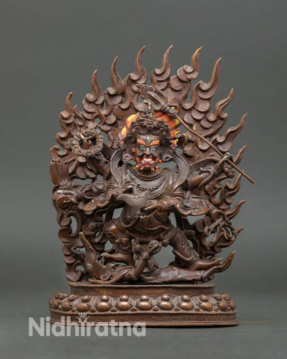 Front view of Six-Armed Mahakala statue in oxidized copper, handmade in Nepal using lost wax casting, wrathful Buddhist protector deity with flaming halo altar decor.