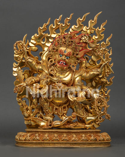 Front view of Six-Armed Mahakala statue standing on lotus pedestal with flaming halo from Nepal