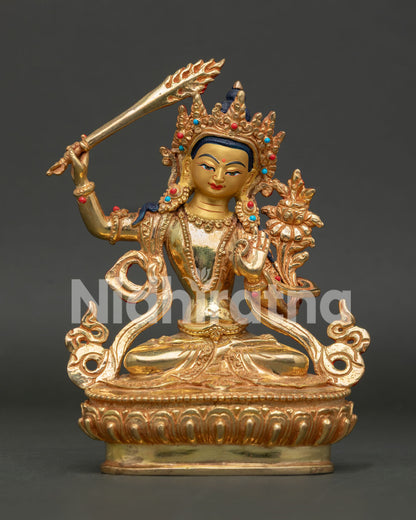 Front View of Manjushri Statue with Gold Fire Gilding and Lotus Pedestal