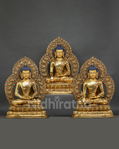 Front view of Three Buddha statue set featuring Shakyamuni Amitabha and Medicine Buddha handcrafted in Nepal in gold fire gilded copper