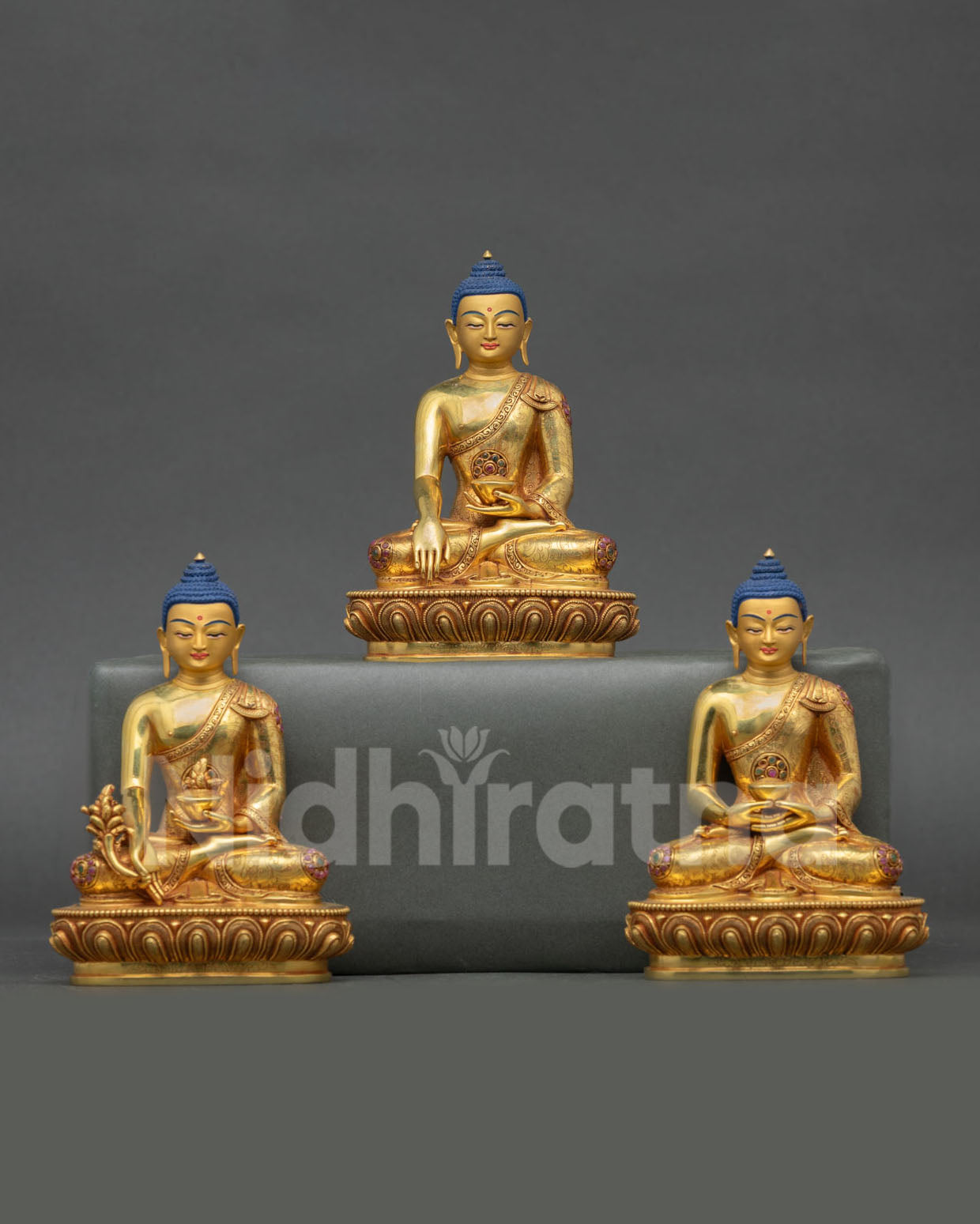 front view of three buddha statue set miniature copper buddhist altar sculpture with gold fire gilding and gemstones