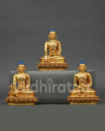front view of three buddha statue set miniature copper buddhist altar sculpture with gold fire gilding and gemstones