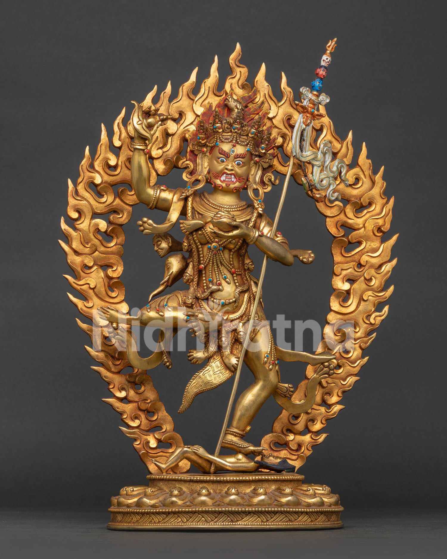 Front View of Troma Nagmo Statue with 24K Gold Fire Gilding and Five Skull Crown