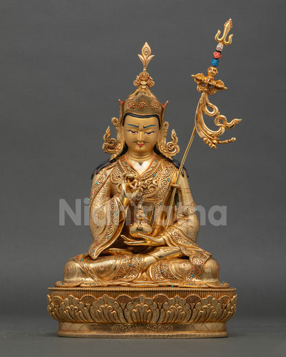 Front view of Tsokye Dorje statue handmade in copper with triple layer gold fire gilding and gold painted face seated on lotus pedestal