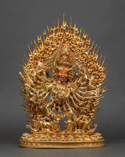 Front view of Vajrabhairava Yamantaka statue in 24K gold gilded copper