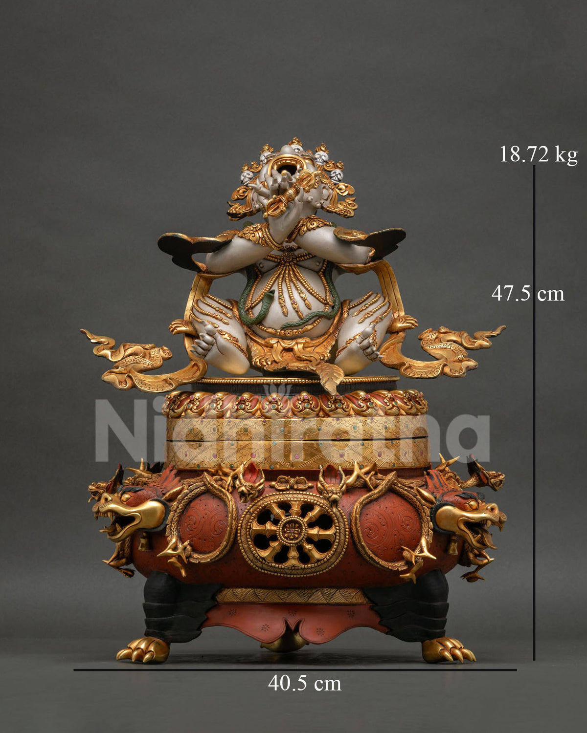 Front view of Vajradaka Dorje Khadro statue, copper Buddhist incense burner altar decor
