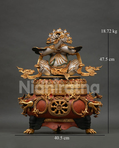 Front view of Vajradaka Dorje Khadro statue, copper Buddhist incense burner altar decor
