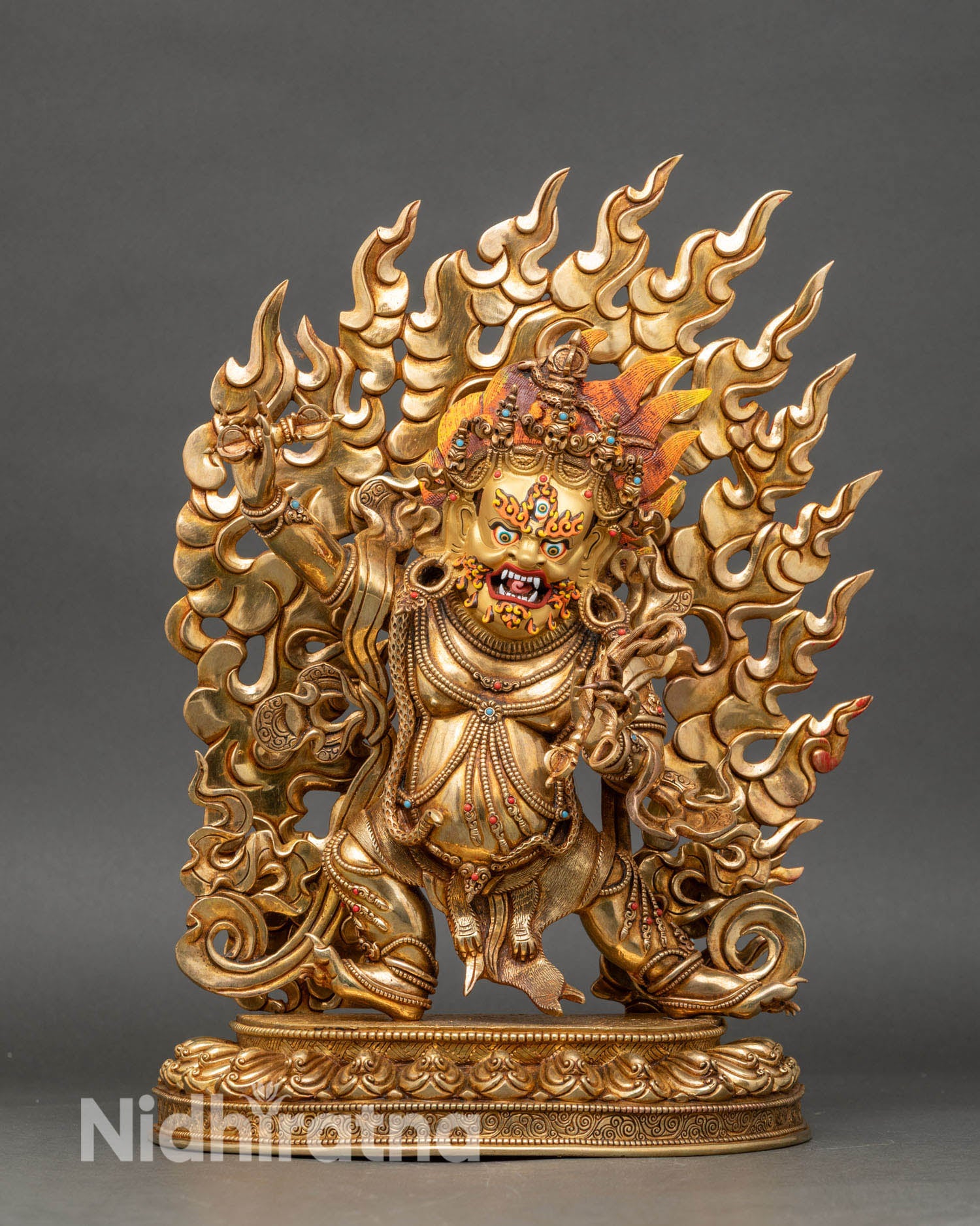 front view of vajrapani buddha statue copper with 24k gold fire-gilded nepalese art