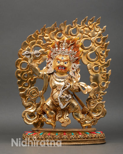 Front view of Vajrapani statue copper 24K gold silver-plated semi-precious stones Nepalese wrathful deity