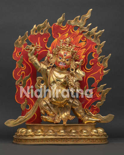 Front View of Vajrapani Statue Handmade in Copper with 24K Gold Fire Gilding on Lotus Pedestal