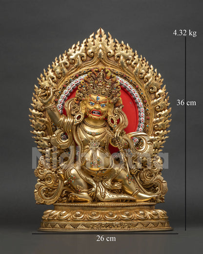 Front view of Vajrapani statue in 24K gold fire-gilded copper with flaming halo and lotus base