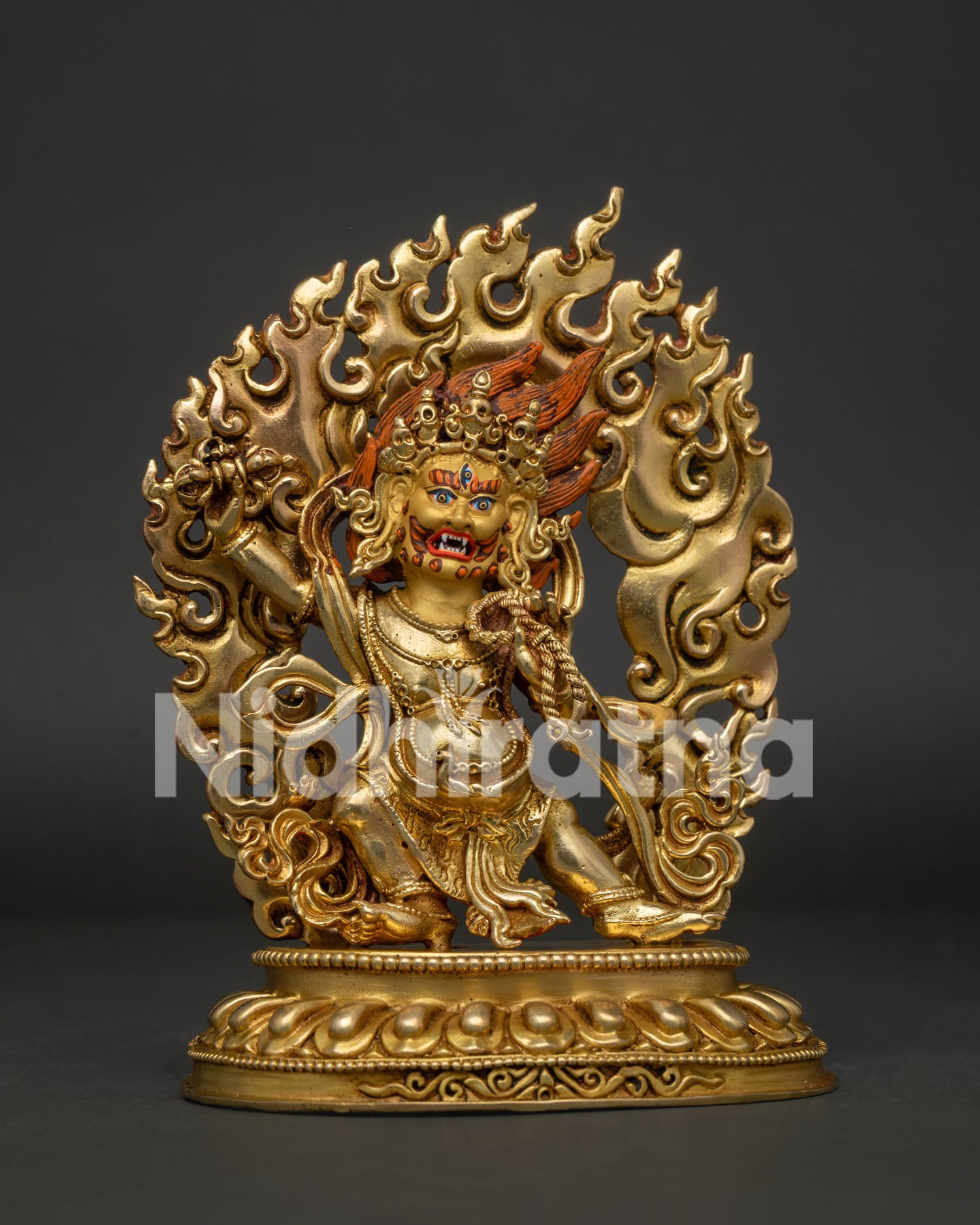 Front view of Vajrapani Statue with 24K gold fire gilding and gold painted face